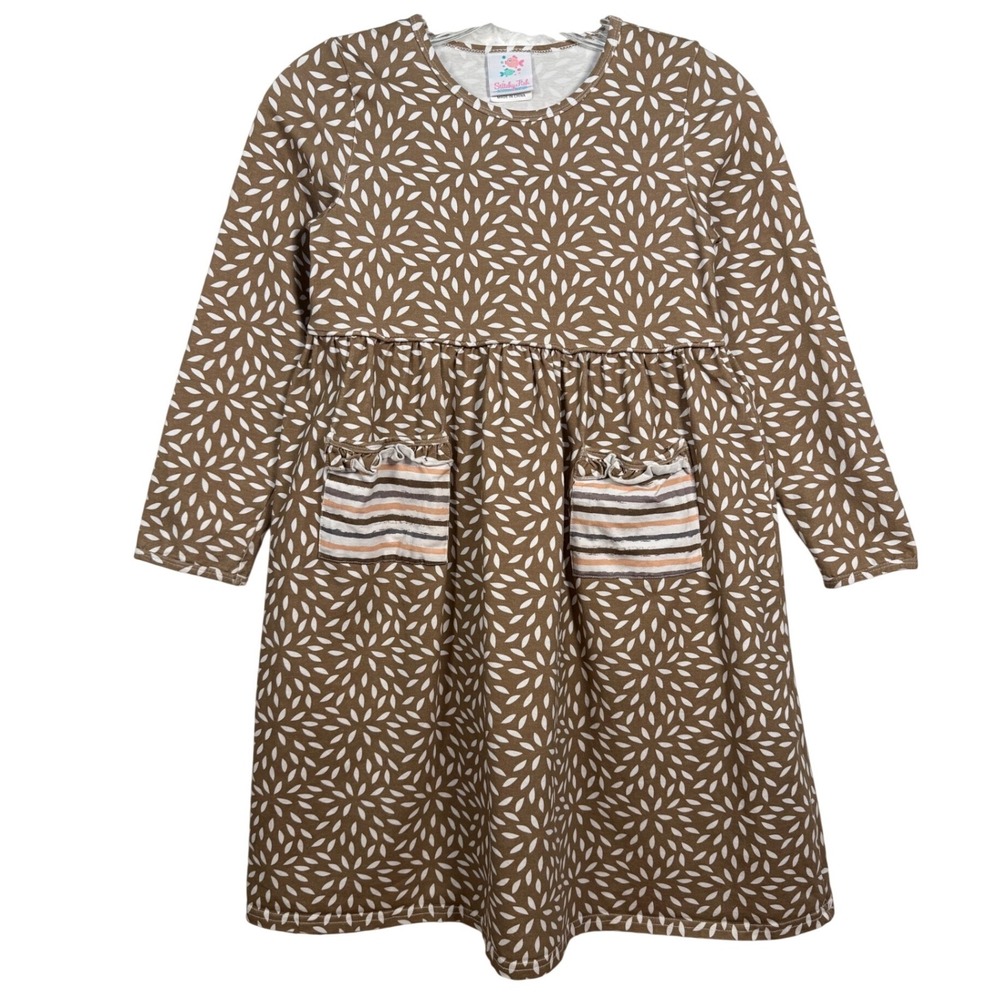 STITCHY FISH Girls Brown Floral Leaf Long Sleeve Ruffle Pocket Dress Size 10